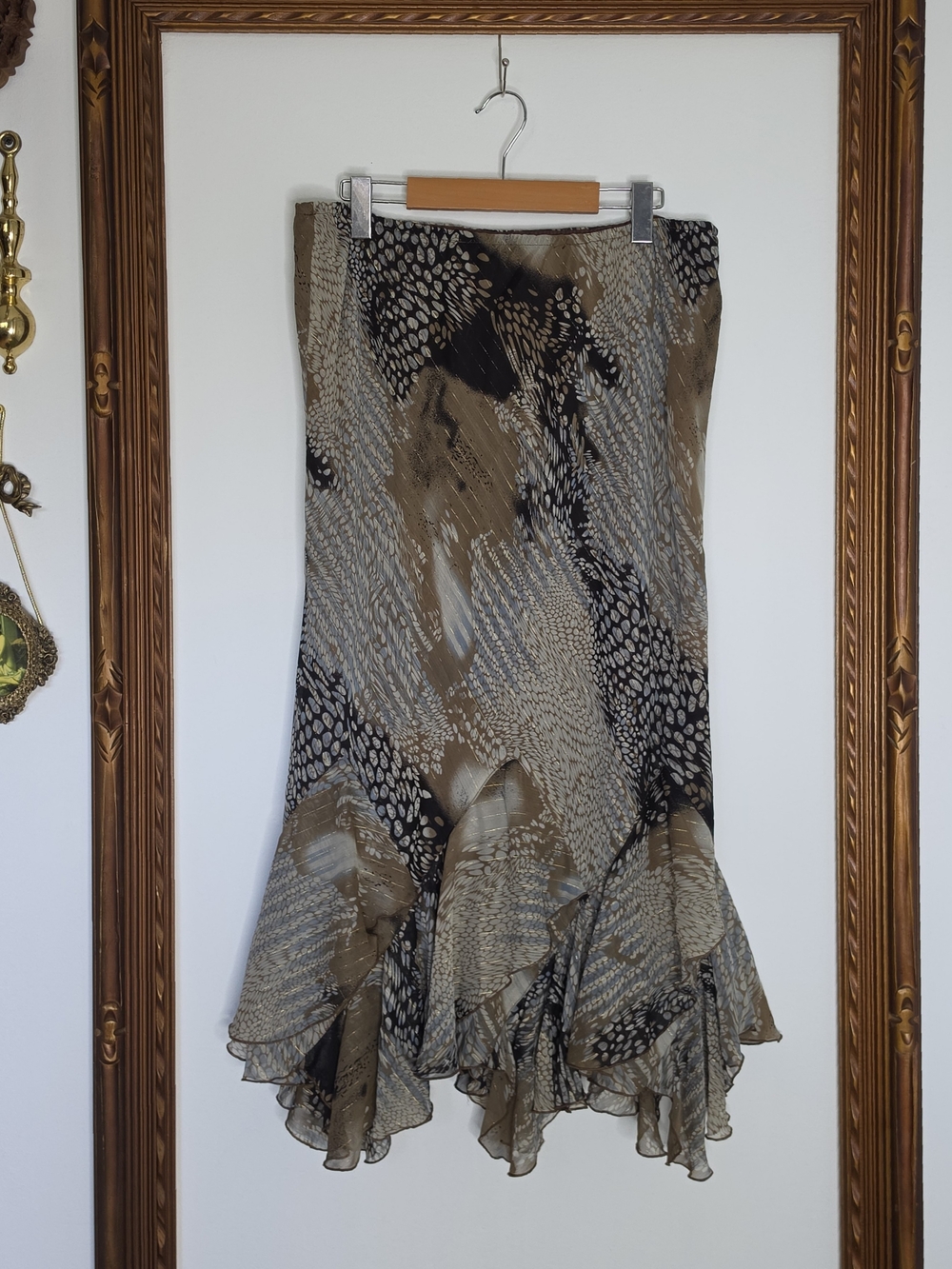 Handmade Brown,blue & Black Printed Ruffled Hem Skirt